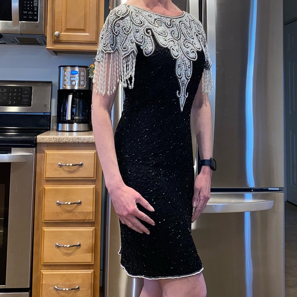 Vintage Scala Black & White Beaded Silk Gown/Formal/Cocktail Dress -PXL Altered?
